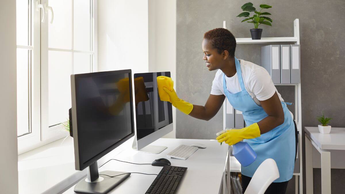 A person wearing yellow gloves is cleaning a computer monitor in a bright office space.