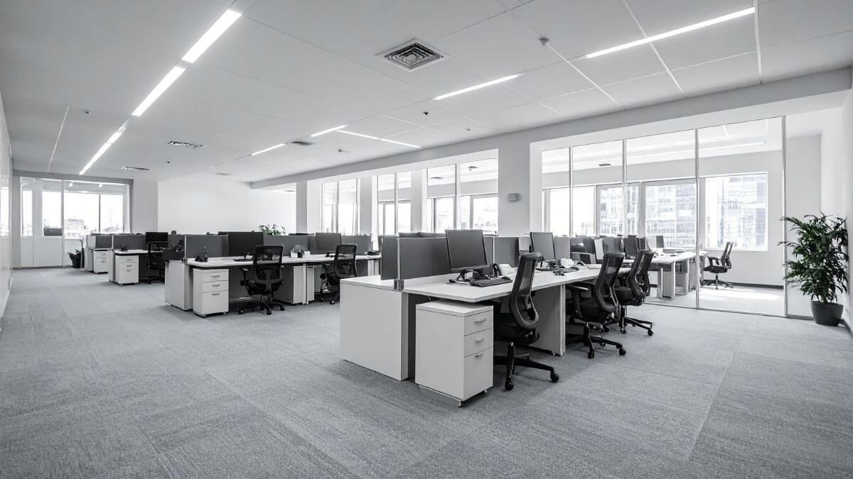 A spacious, modern office with multiple workstations, each featuring computers and ergonomic chairs, and large windows allowing natural light.